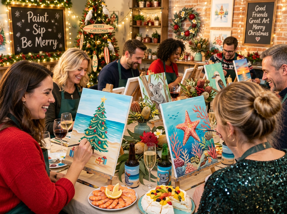 Adults painting Australian Christmas canvases with drinks at a summer paint and sip party